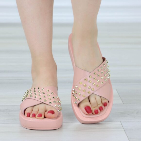 Pink Flat Sliders Sandals Slip On Faux Leather Gold Metal Stud Cross Over - Picture 8 of 14